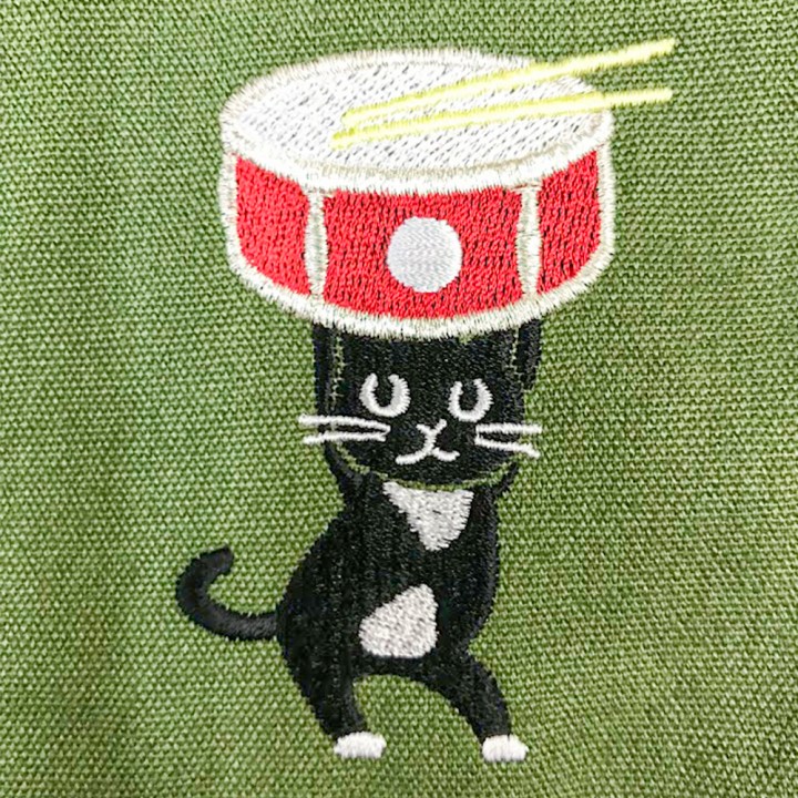 ネコ刺繍バッグアップ【緑】