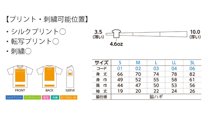 WE-00118-HMT 4.6オンス ハニカムメッシュTシャツ サイズ表 プリント範囲