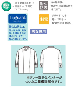 CK-6451 コックコート（7分袖・袖口ネット） 仕様