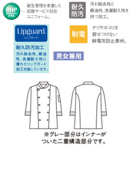 CK-6471 コックコート(7分袖・袖口ネット) 仕様