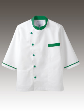 CK6813 コックコート(男女兼用・七分袖) 拡大図 白/グリーン