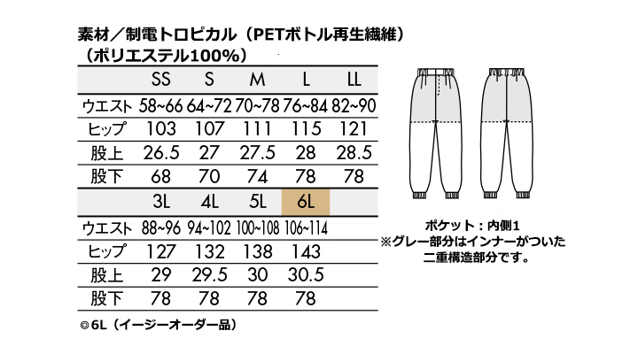 CK7521 パンツ(男女兼用・ツータック・両脇ゴム) サイズ一覧