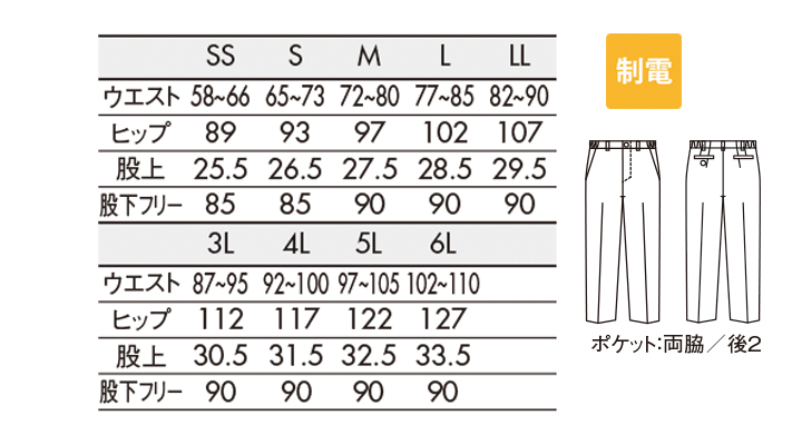 GS78711 パンツ(男女兼用・ノータック) サイズ一覧