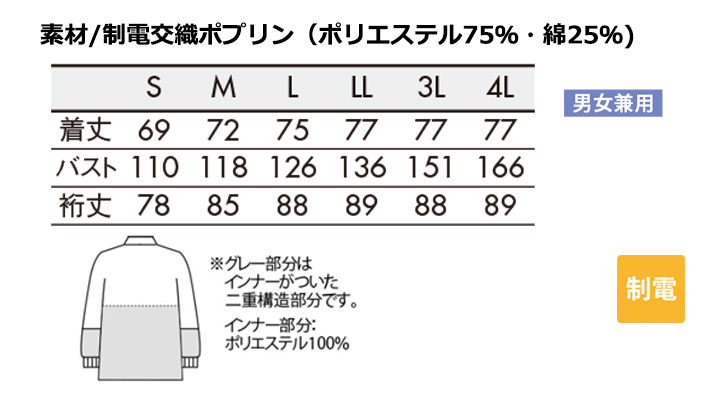 RP8711 ブルゾン(男女兼用・長袖) サイズ一覧