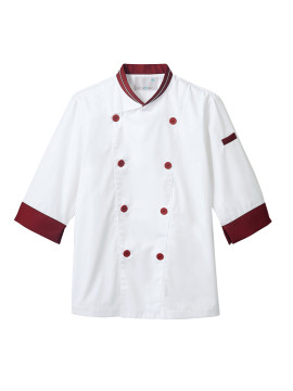 CK-6430 コックコート(7分袖・袖口ネット) 拡大画像 白/ワイン