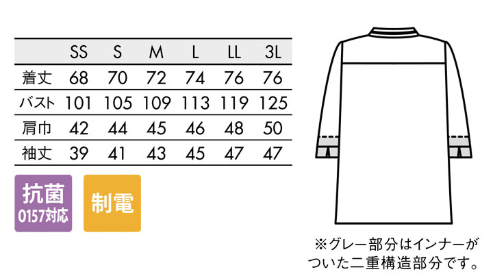 CK-6430 コックコート(7分袖・袖口ネット) サイズ表