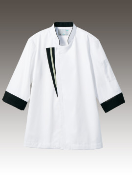 61140 コックコート(男女兼用・7分袖・袖口ネット・腰ネット)　拡大画像 白/黒