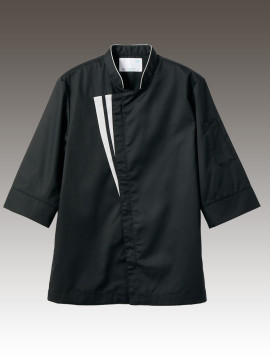 61140 コックコート(男女兼用・7分袖・袖口ネット・腰ネット)　拡大画像 黒/グレー